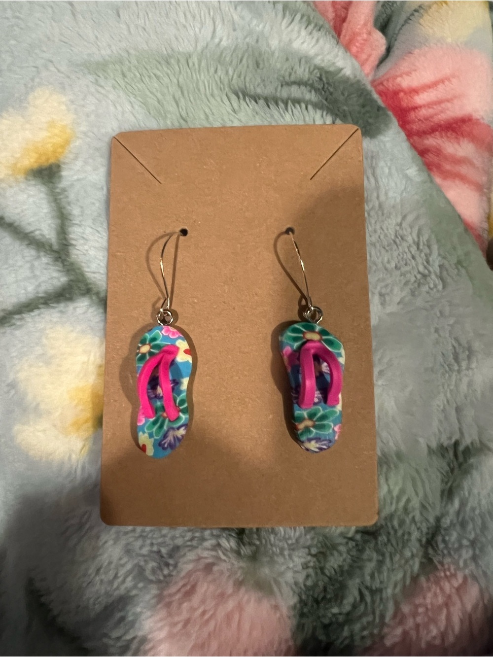 Colorful Floral Flip-Flop Dangle Earrings - Pink & Teal